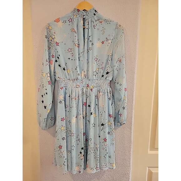 TORRID Mini Clipdot Blouson Sleeve Mock Neck Skater Dress Size 00 Baby Blue Star - Picture 7 of 8